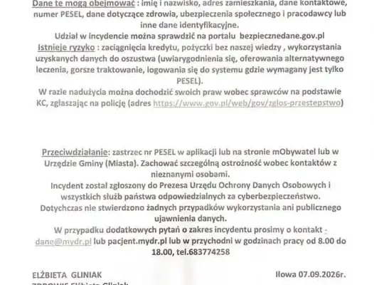 Cyberatak na system MyDr EDM – ostrzeżenie dla pacjentów placówki ZDROWIE w Iłowej