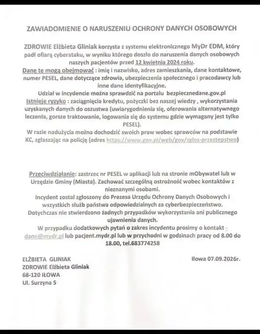 Cyberatak na system MyDr EDM – ostrzeżenie dla pacjentów placówki ZDROWIE w Iłowej