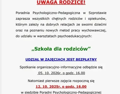 Szprotawa: bezpłatne warsztaty „Szkoła dla rodziców” w Poradni Psychologiczno-Pedagogicznej