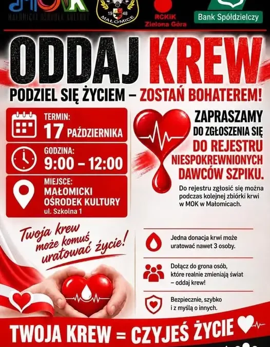 Małomice: akcja oddawania krwi i rejestracja dawców szpiku DKMS już 17 października