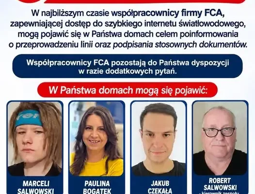 Przedstawiciele FCA odwiedzą mieszkańców Brzeźnicy i Jabłonowa. Chodzi o światłowód