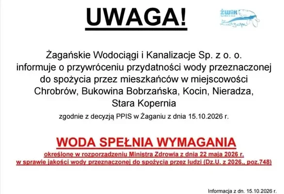 Woda w gminie Żagań znów zdatna do picia – sanepid odwołał ograniczenia