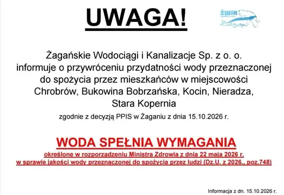Woda w gminie Żagań znów zdatna do picia – sanepid odwołał ograniczenia