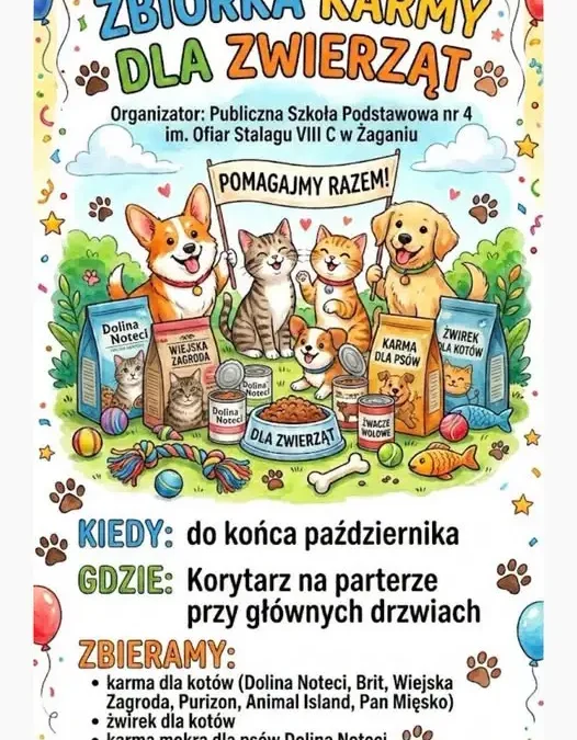 Zbiórka karmy i żwirku dla zwierząt w Szkole Podstawowej nr 4 w Żaganiu