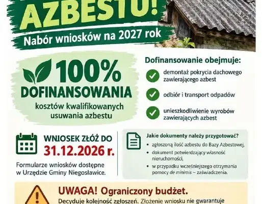 Gmina Niegosławice: do 31 grudnia 2026 r. można składać wnioski o usunięcie azbestu w 2027 roku