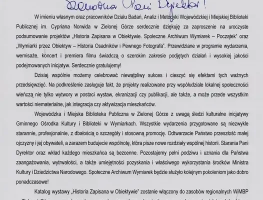 Zielonogórska biblioteka dziękuje GOK w Wymiarkach za udane projekty historyczne