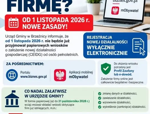 Od 1 listopada 2026 r. koniec papierowej rejestracji nowej firmy w gminie Brzeźnica