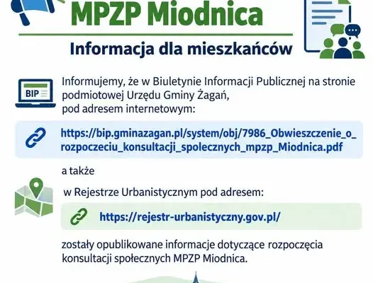 Gmina Żagań ogłasza konsultacje społeczne w sprawie planu zagospodarowania Miodnicy